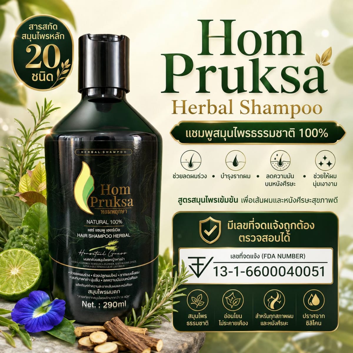 แชมพูปลูกผม แฮร์ เฮอร์เบิล แชมพู Hair Herbal Shampoo ผมดก ลดผมร่วง หอมพฤกษา (Hom Pruksa) ขนาด 290 ml. 9