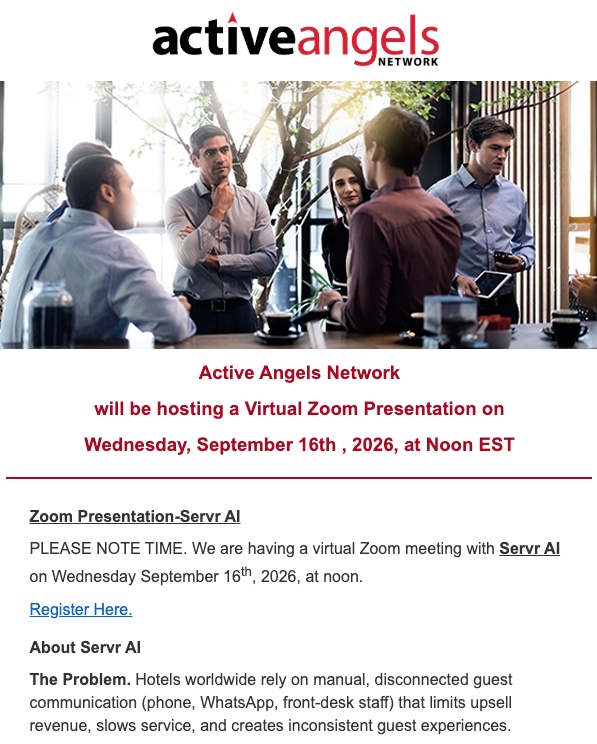 Active Angels Network Servr AI virtual meeting invite, September 16, 2026