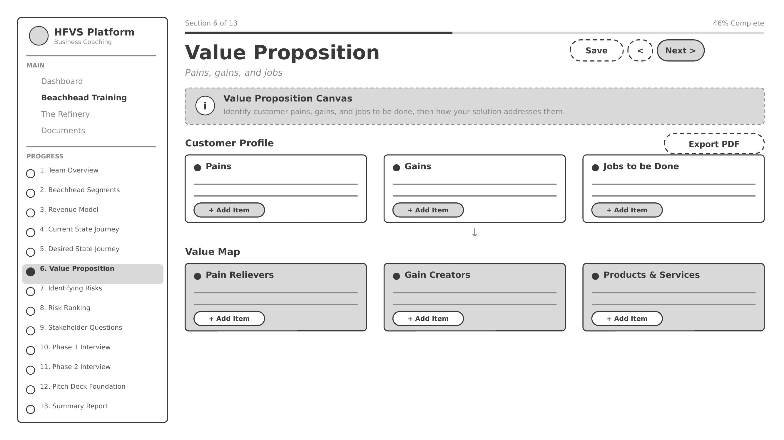 Beachhead Training wireframe concept — Value Proposition