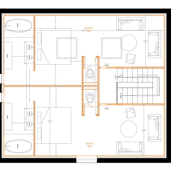Plan projet R+2 maison de maître Tremblay-en-France – aménagement sur mesure de suites avec salon, espace nuit, salle de bain avec baignoire et WC – ICOSA CONCEPTION