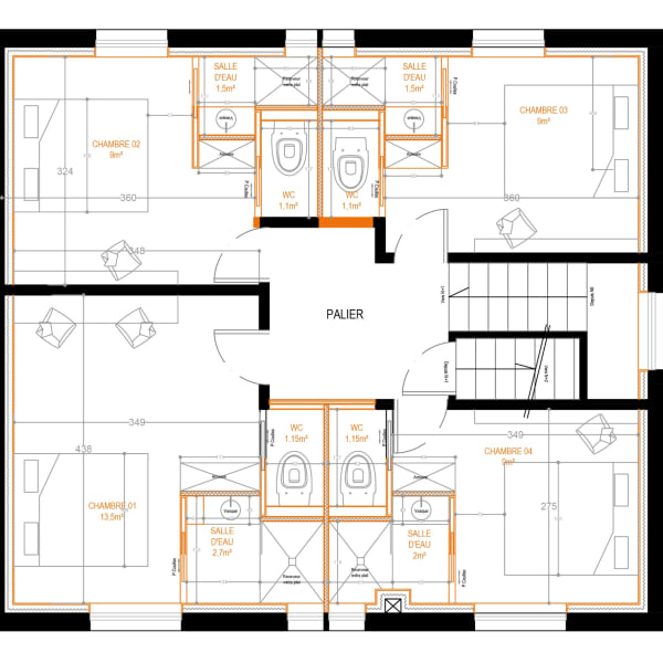 Plan projet R+1 maison de maître Tremblay-en-France – aménagement sur mesure, création de chambres, salles de douche et bureaux – ICOSA CONCEPTION