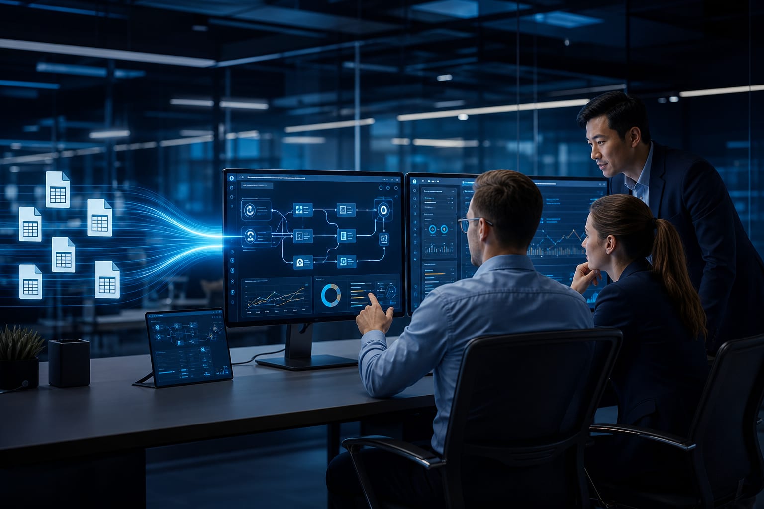Business team identifying workflow bottlenecks and automation opportunities on digital dashboards