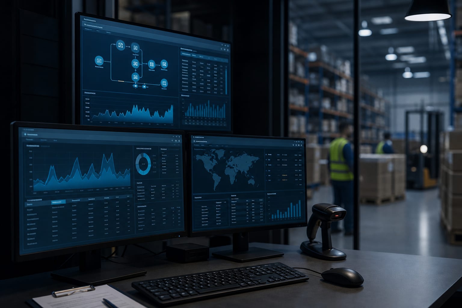 Warehouse staff recording stock movements on inventory software