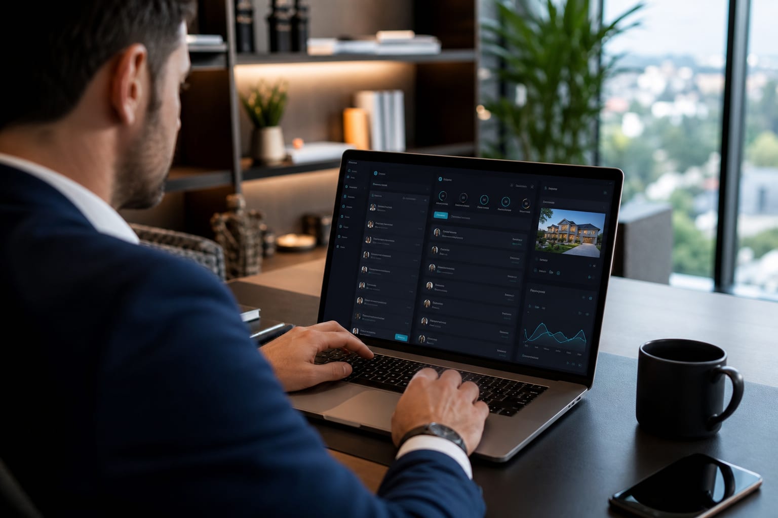 Real estate agent tracking property leads and follow-ups on laptop