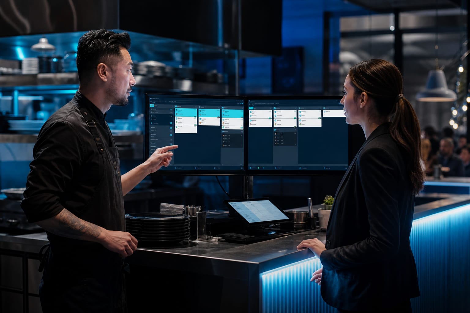 Restaurant kitchen and front desk coordinating orders on digital displays