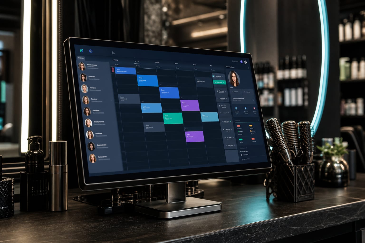 Salon stylist schedule and service assignment on digital dashboard