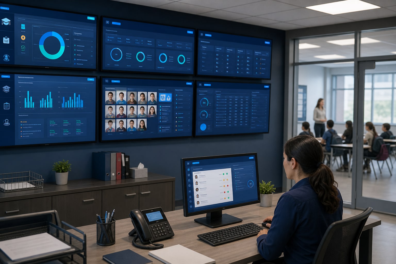School staff managing attendance and class schedules on digital system