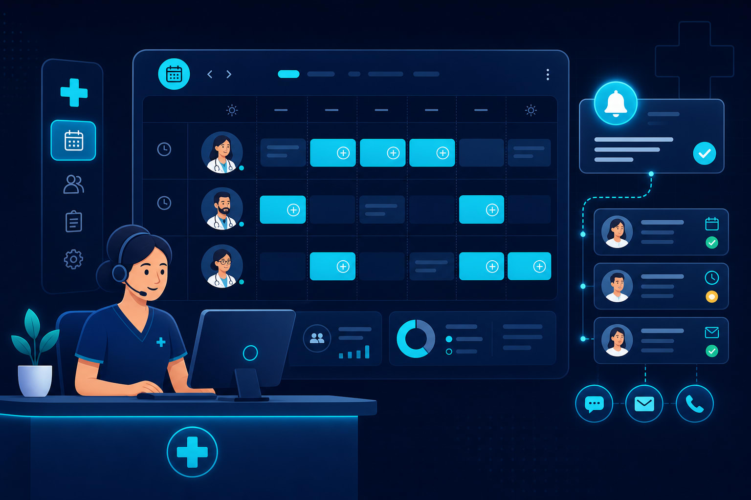 Clinic receptionist managing appointments on scheduling software
