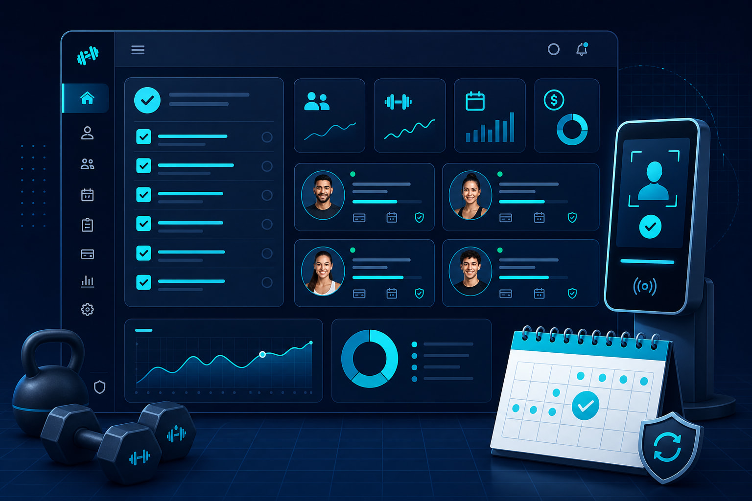 Gym manager reviewing membership and attendance features on a management dashboard