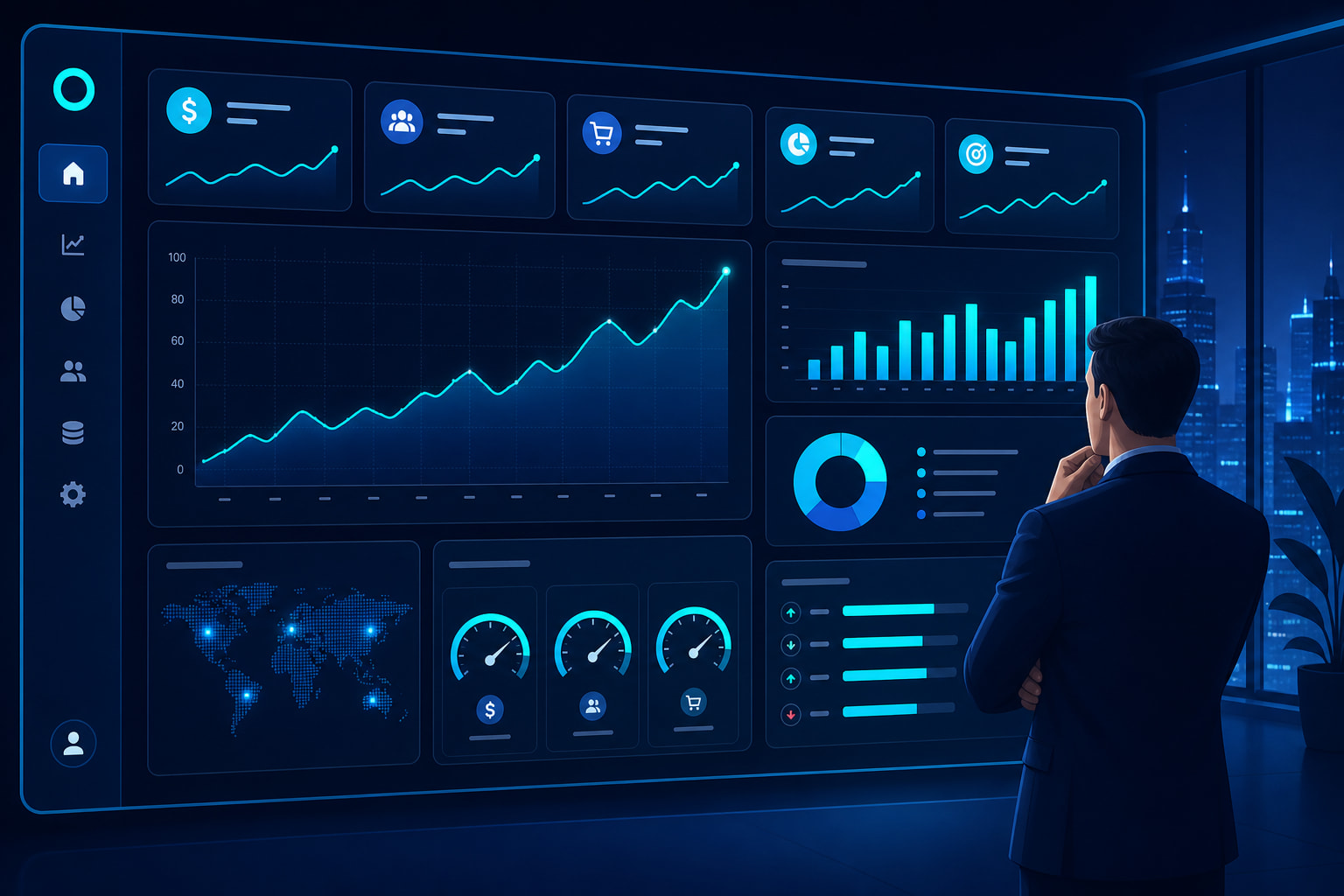 Business owner reviewing a KPI dashboard with revenue and booking metrics