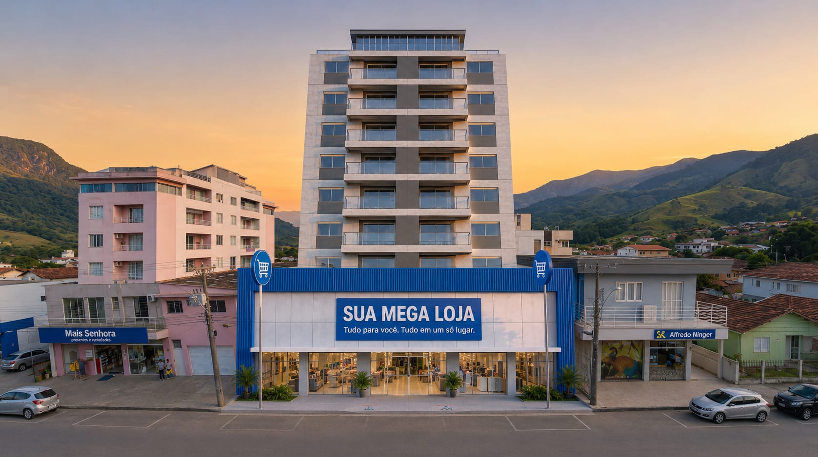 Render — comércio no térreo + torre residencial