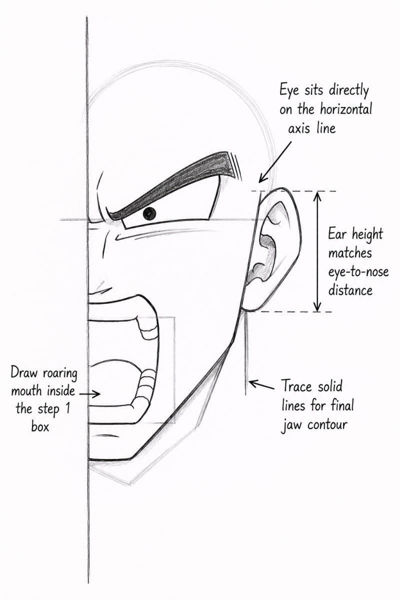 Step 2: Tracing the Angry Eye and Roaring Mouth Outlines