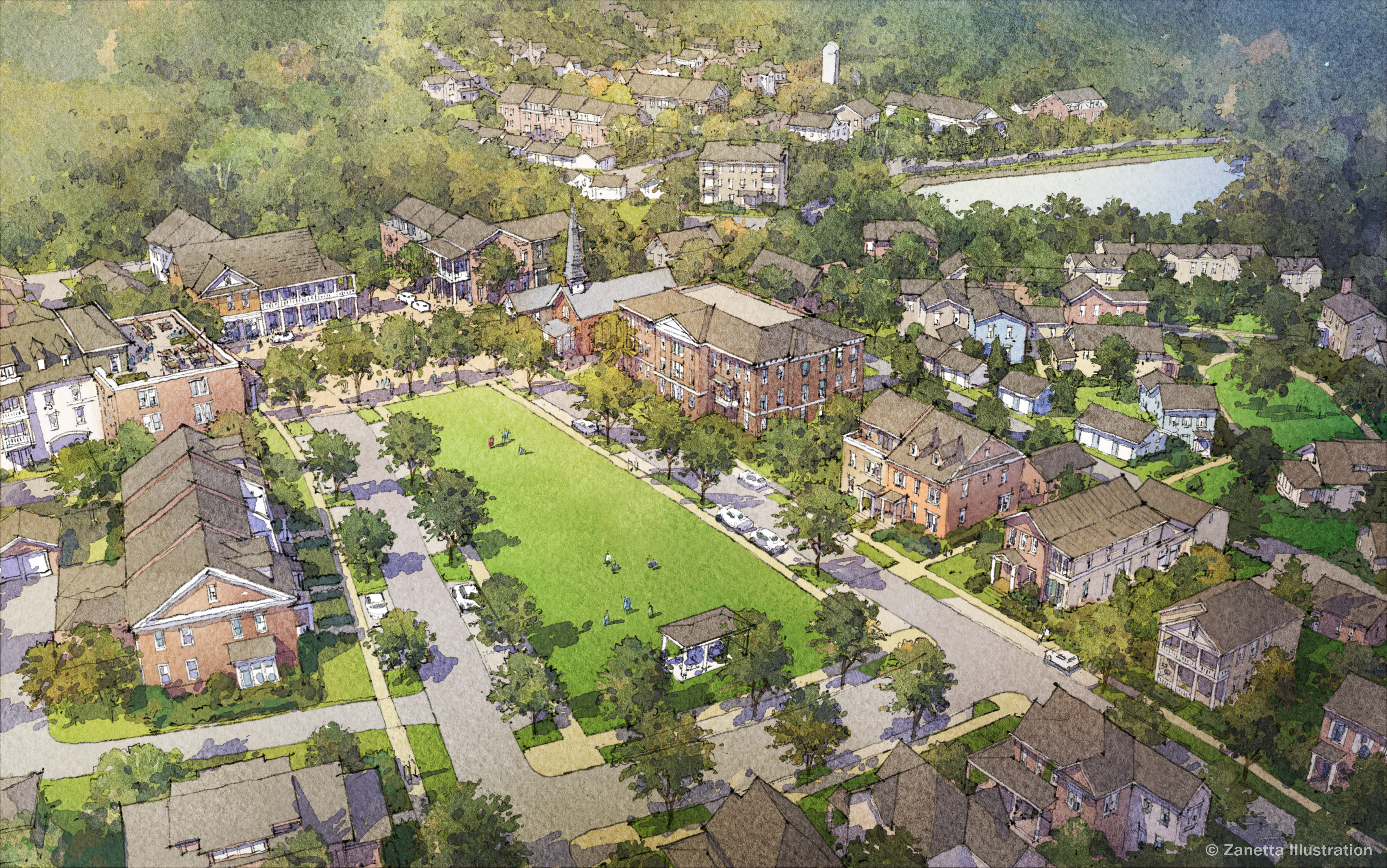 Aerial rendering of the approved Harlin Village Green — a chapel and brownstones around a central green, with a pond and preserved tree cover beyond