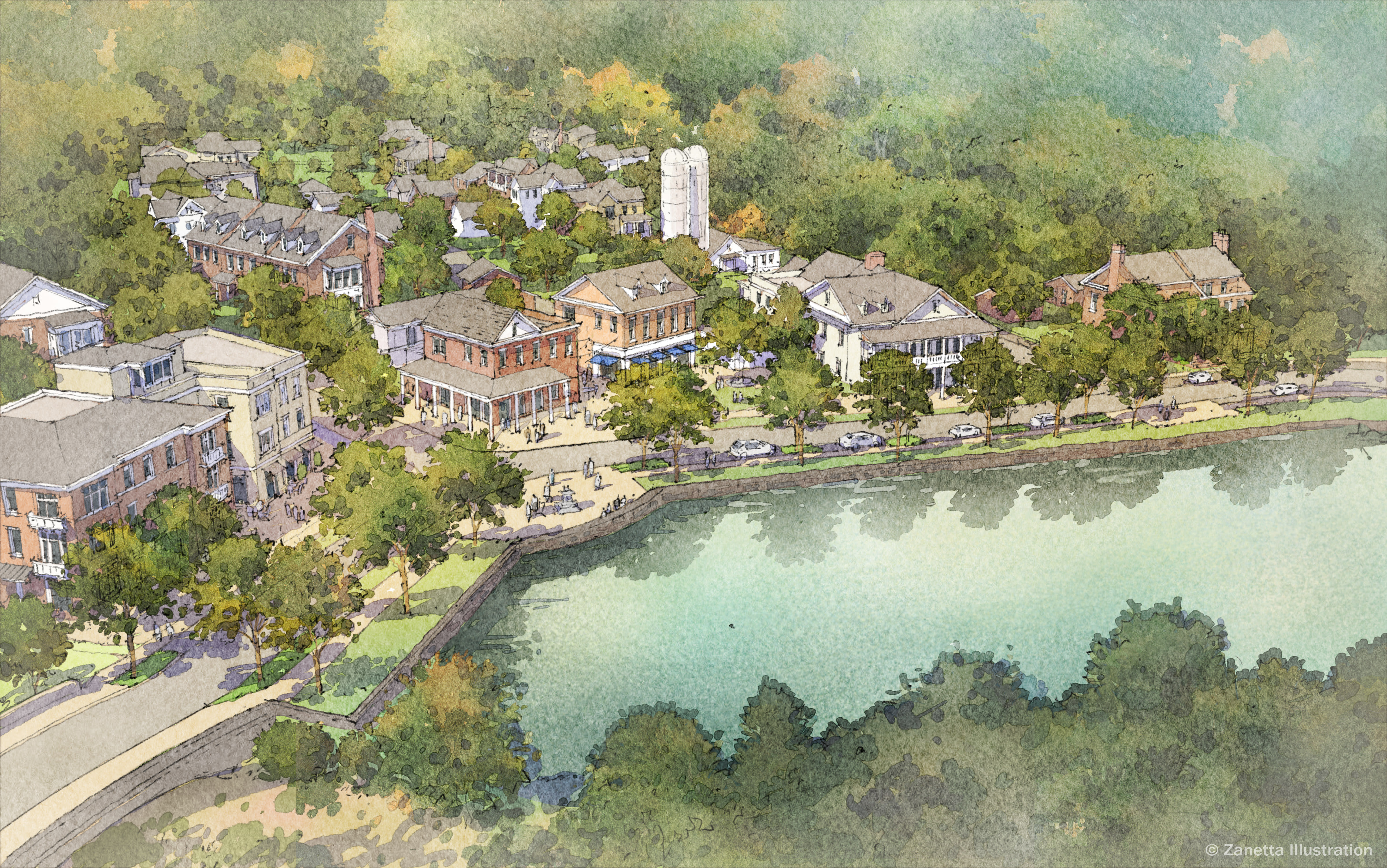 Aerial rendering of the Harlin village's shops and waterfront beside a lake, with the preserved silo behind and streets running through the commercial core