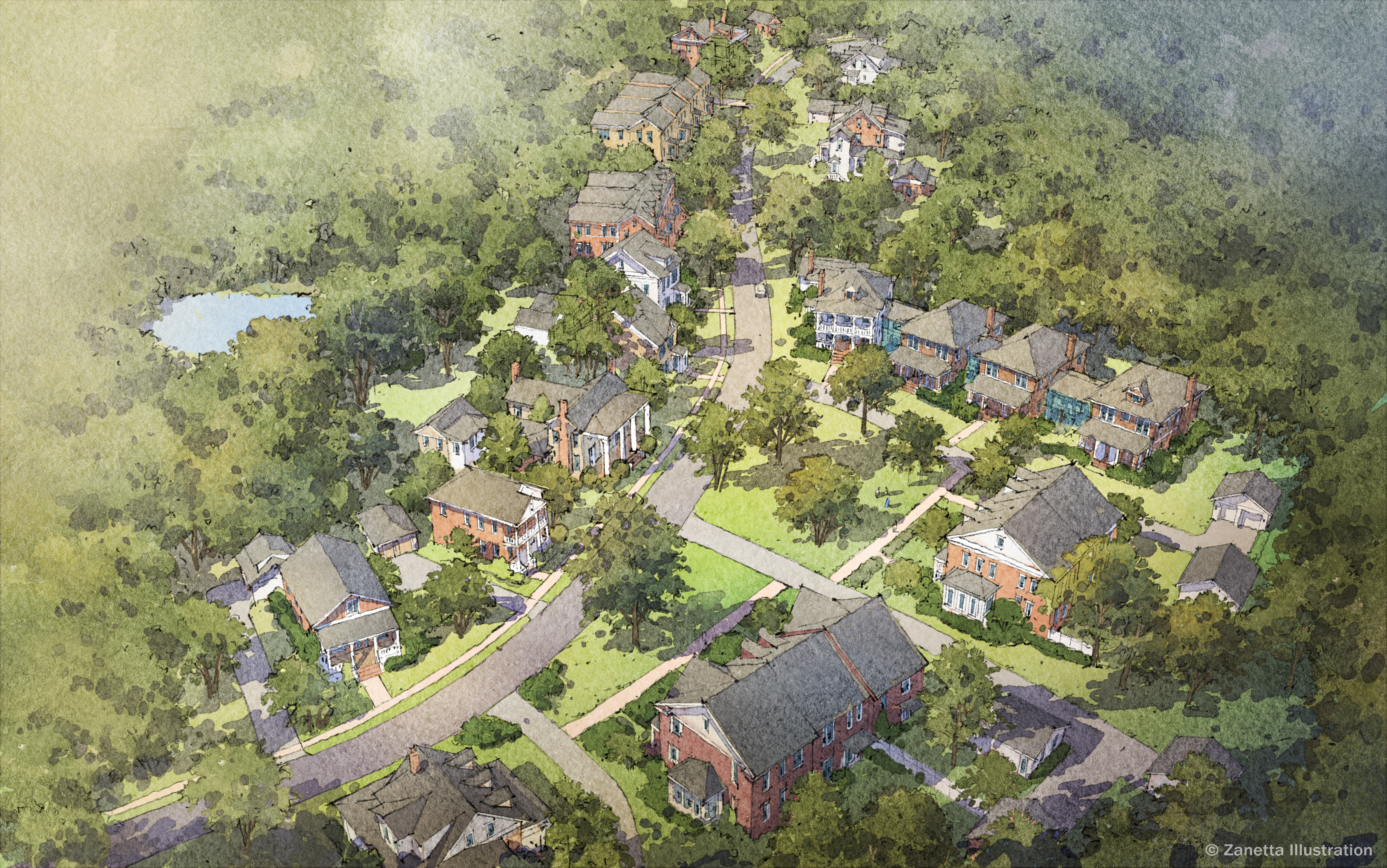 Aerial rendering of lower-density homes on tree-lined lanes at the southern edge of the Harlin development, with a pond at left