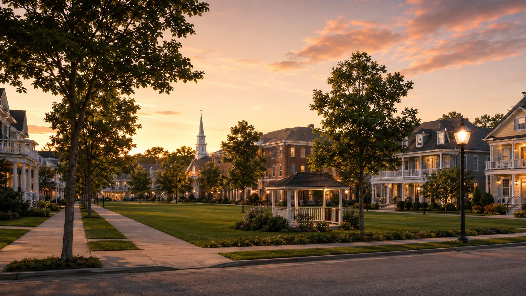 Rendering of the proposed Harlin village green at golden hour — a tree-lined street, a central gazebo, and brownstone-style homes ringing an open green, with a church steeple beyond