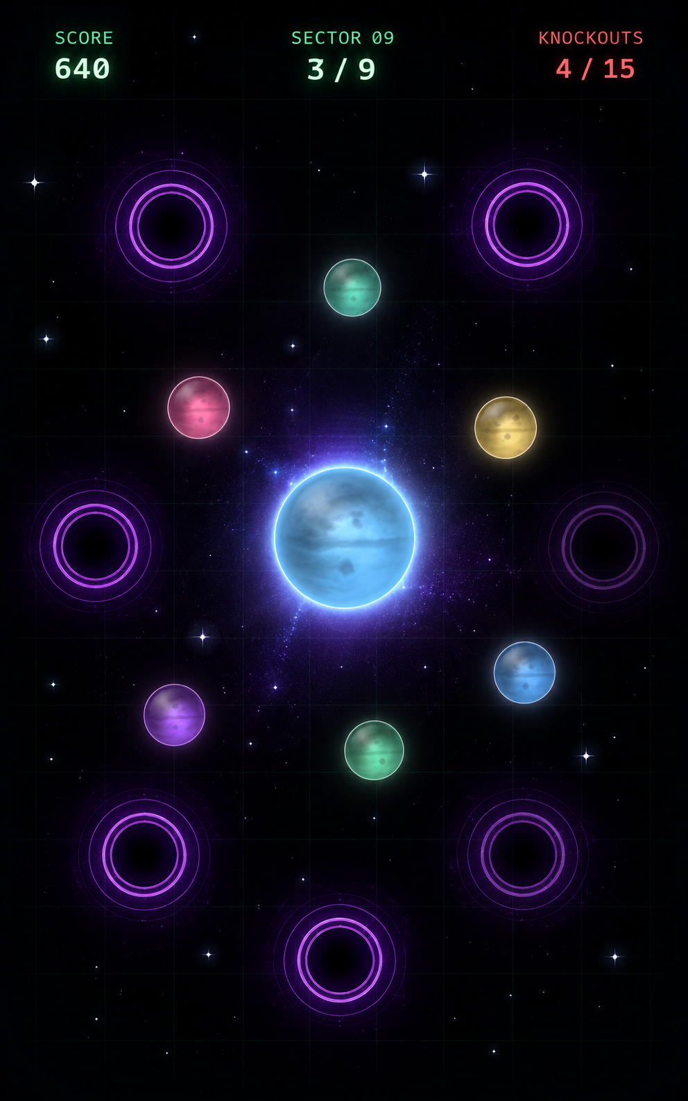 Cosmic Void gameplay — glowing planet moving through gravity field in a cosmic environment