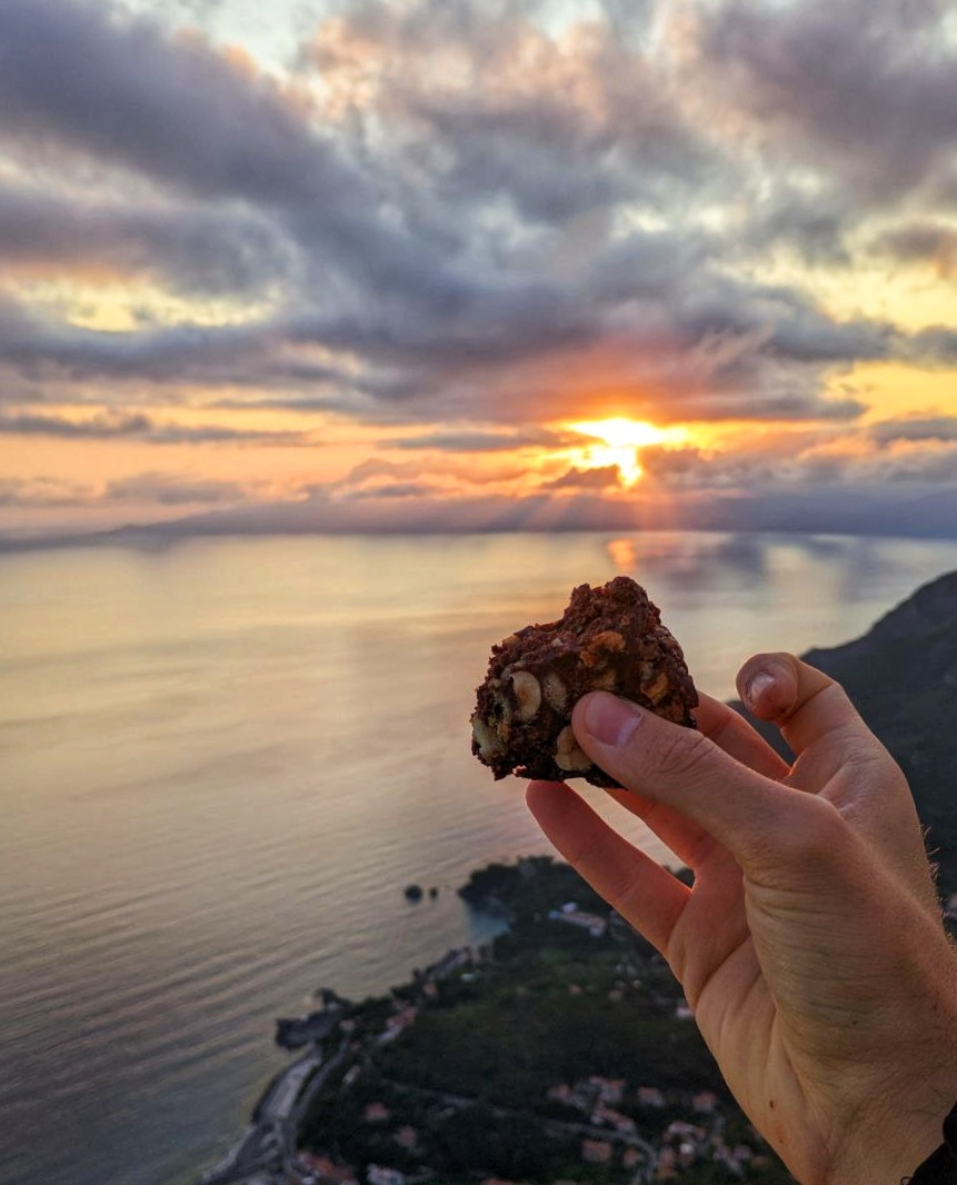 Maratea sunset with homemade chocolate salami