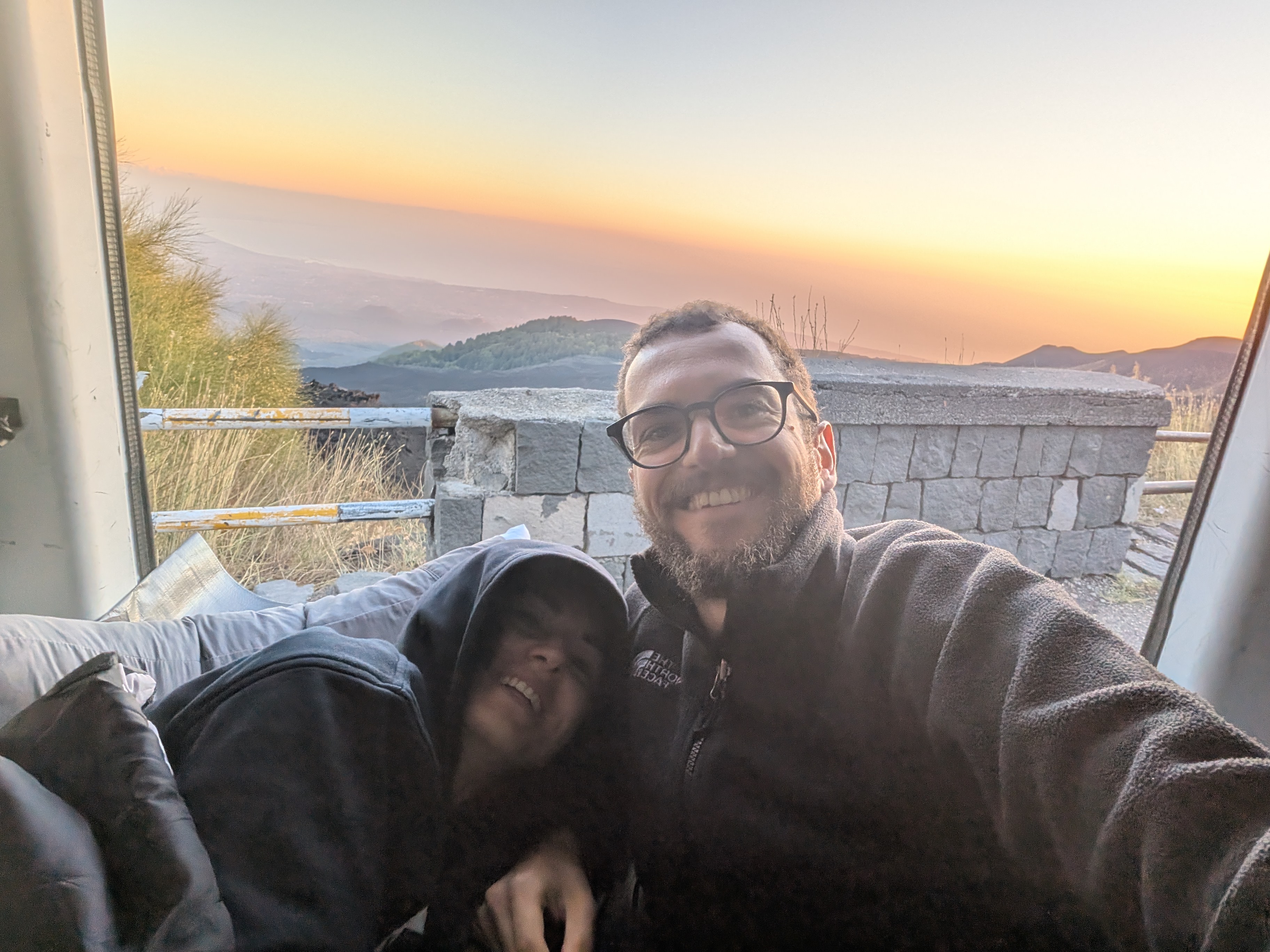 With my sister in the van at dawn on Etna