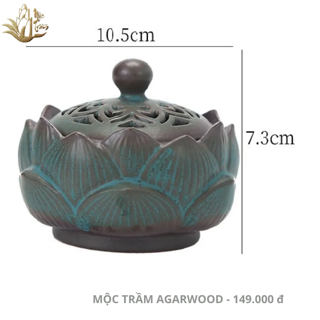 Lư xông đỉnh đốt nhang nụ nhang khoan Trầm hương Hoa sen xanh cao cấp (rộng 10.5 cm)