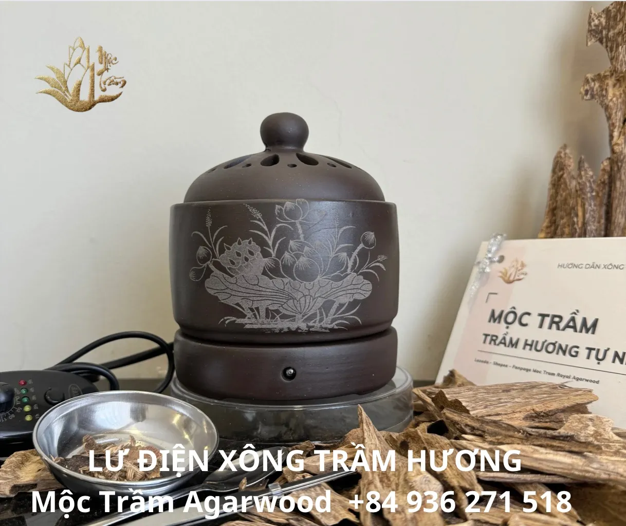 Mộc Trầm Agarwood_ Lư điện Gốm Bát Tràng xông trầm hương, thảo mộc, tinh dầu 