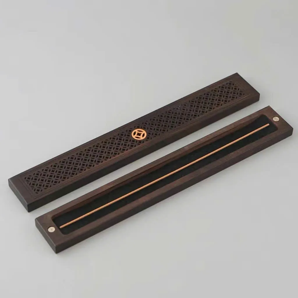 Hộp đốt trầm hương_ hộp gỗ xông nhang trầm hương không tăm bằng gỗ Mun khối cao cấp dài 23 cm