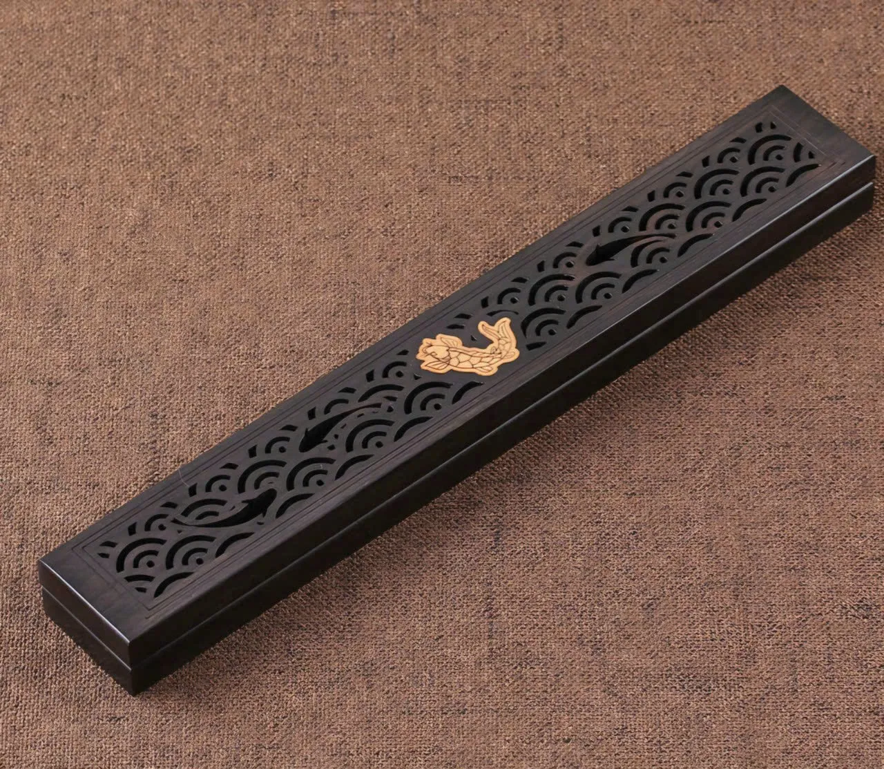 Hộp đốt trầm hương_ hộp gỗ xông nhang trầm hương không tăm bằng gỗ Mun khối cao cấp dài 23 cm