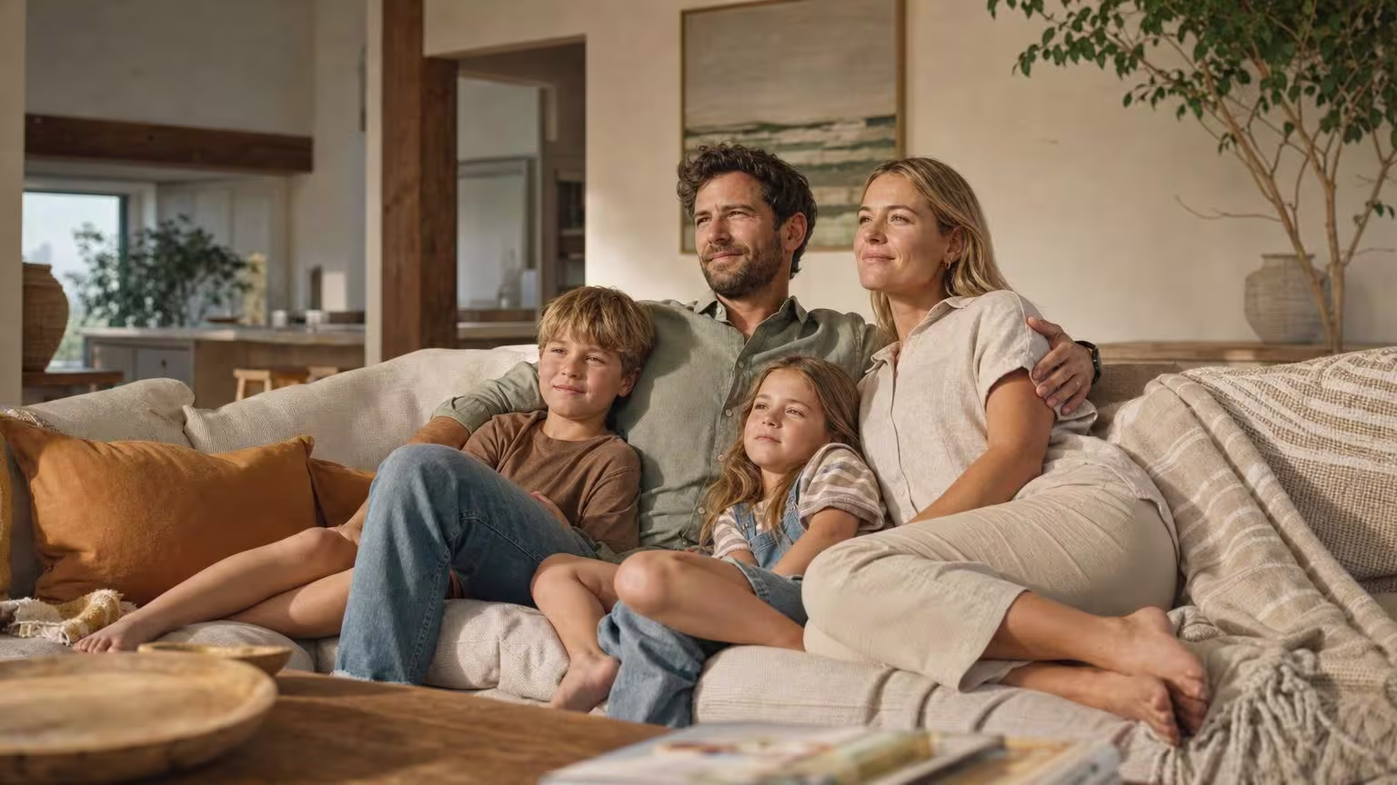 A family relaxing together on the sofa in the living room of their home
