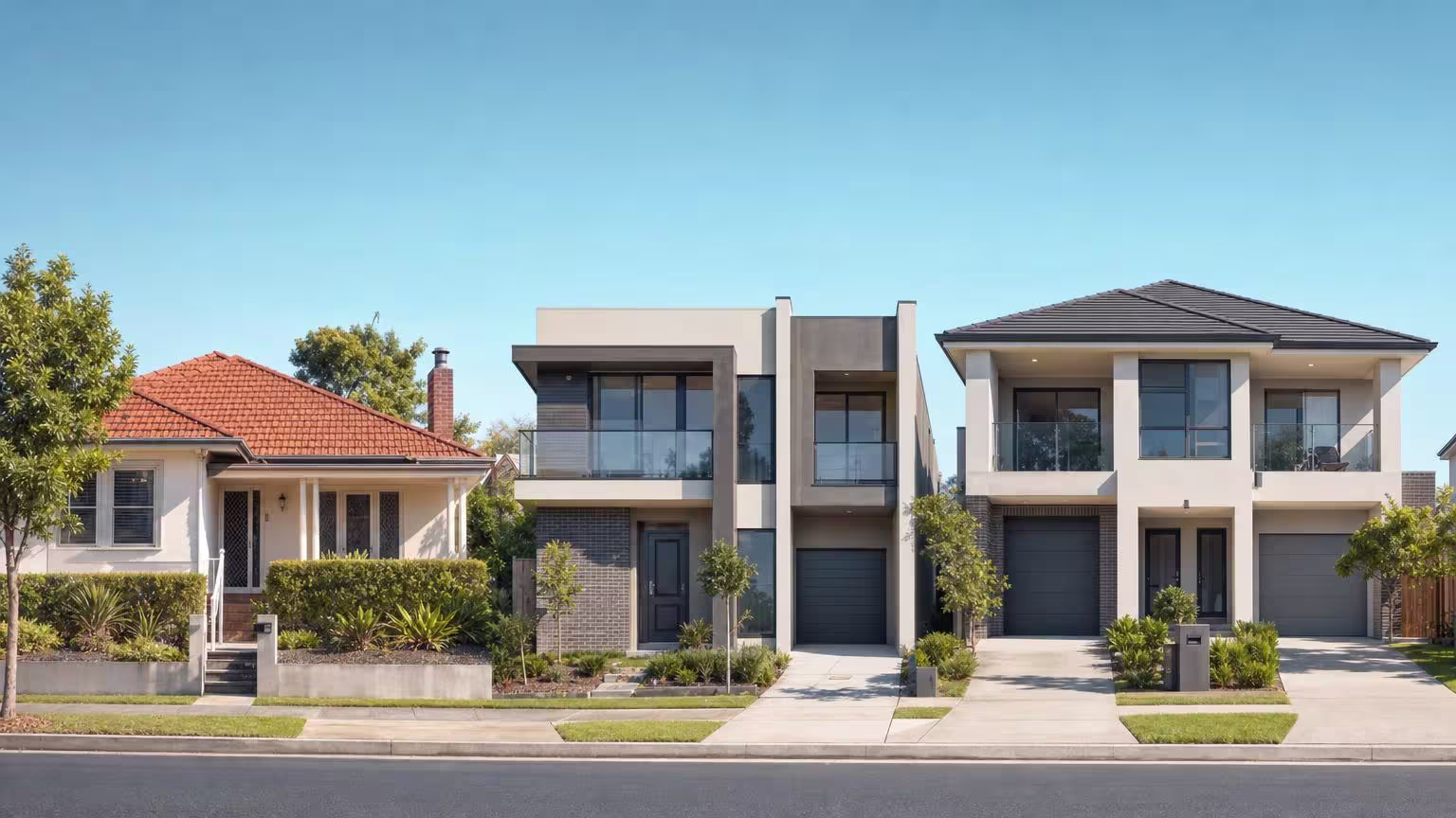 A street of Australian investment properties side by side: a traditional house, a townhouse and a duplex