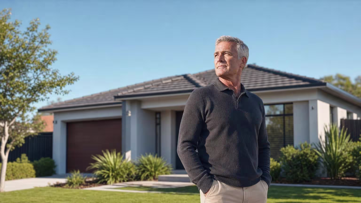 A property investor standing in front of a well-kept single-storey rental home