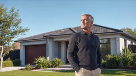 A property investor standing in front of a well-kept single-storey rental home
