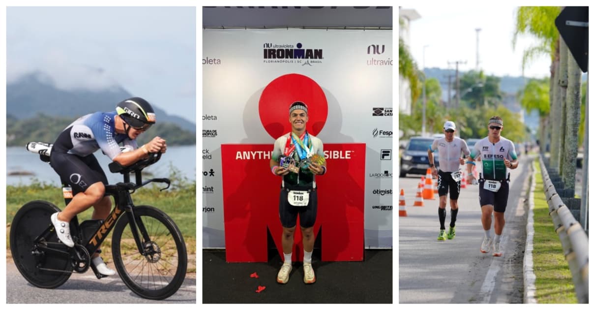 Giovanni Garotti crossing finish line at Ironman triathlon with arms raised in celebration