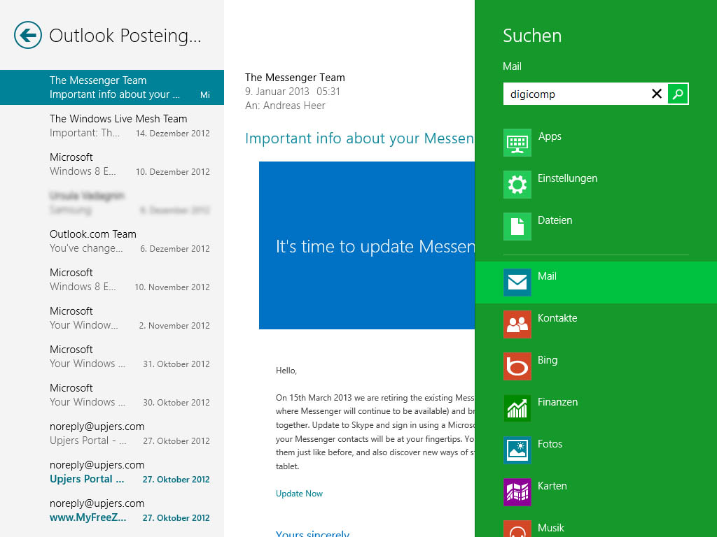 Suche in der Mail-App von Windows 8
