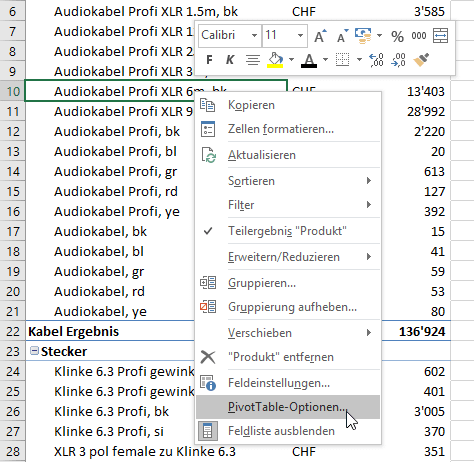 Abb. 1 Kontextmenü – Befehl PIVOTTABLE-OPTIONEN