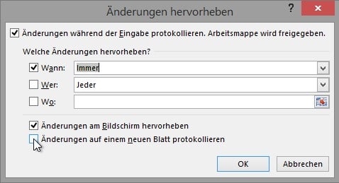 Option ÄNDERUNGEN AUF EINEM NEUEN BLATT PROTO¬KOLLIEREN
