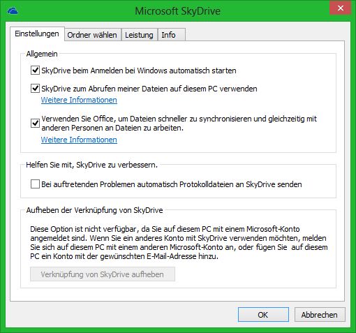 Skydrive-Einstellungen