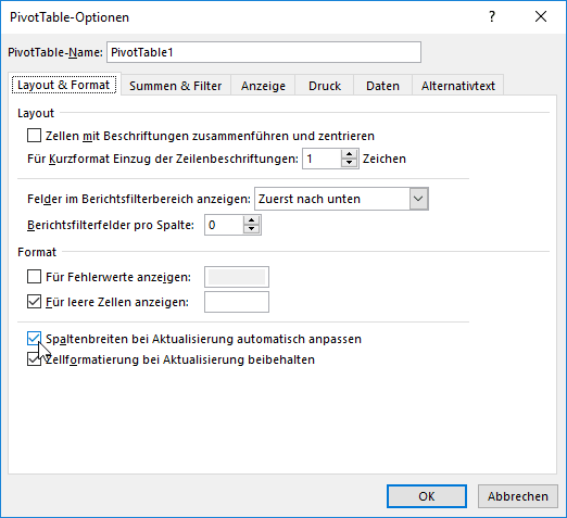 Abb. 2 Dialogfenster PIVOTTABLE-OPTIONEN