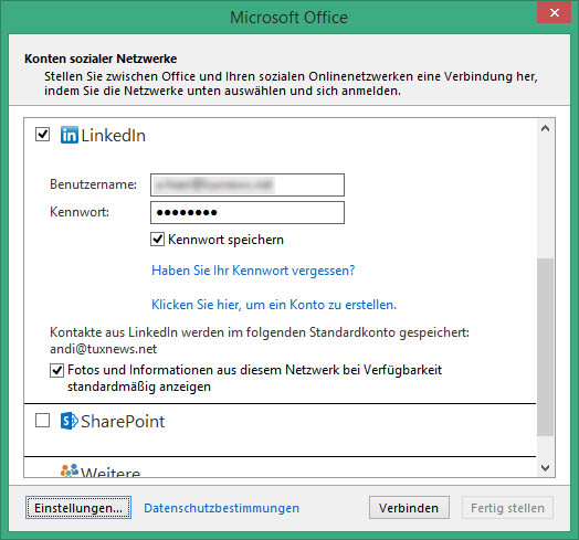 Outlook-Kontoverknüpfung mit sozialen Netzwerken
