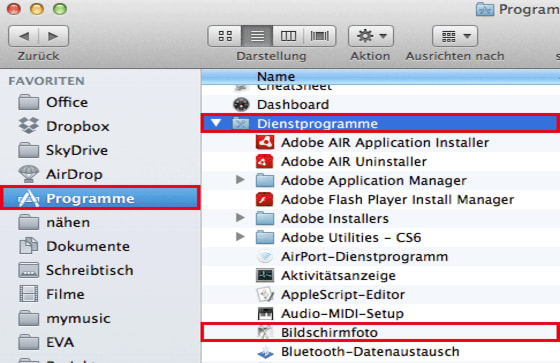 Im Ordner "Dienstprogramme" finden Sie das Programm "Bildschimfoto"