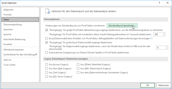 Abb. 3 Dialogfenster EXCEL-OPTIONEN – Schaltfläche STANDARDLAYOUT BEARBEITEN