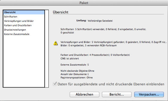 Die Verpackung wird eingeleitet. Zuerst wird das InDesign-Dokument geprüft.