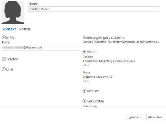 Outlook Kontakte bearbeiten und Datenquellen anzeigen