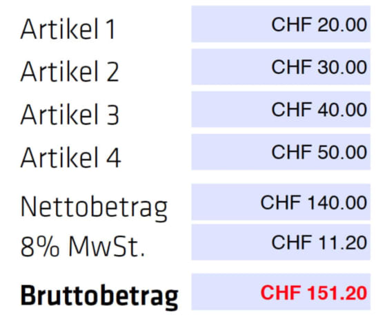 Berechnungsbeispiel mit Nettobetrag, Mehrwertsteuer und Gesamttotal.