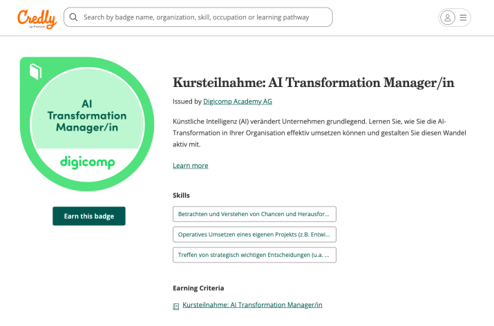 Credly-Seite des Kurses AI Transformation Manager