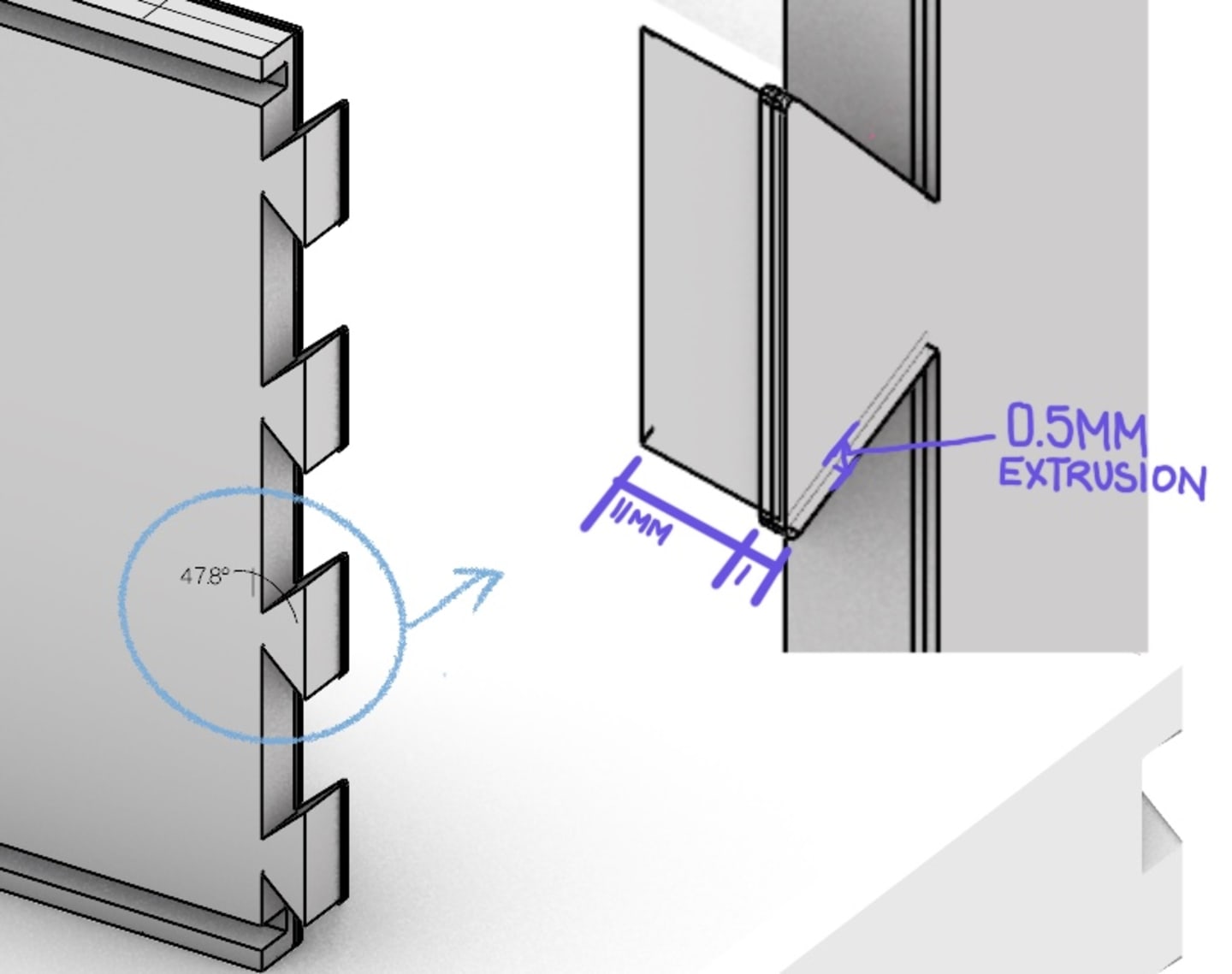 isometric view showing the measurements of the dovetail extrustion