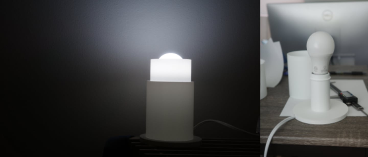 Photo of the first prototype, with the desk mount adaptor for the light bulb and the test PETG strip. 