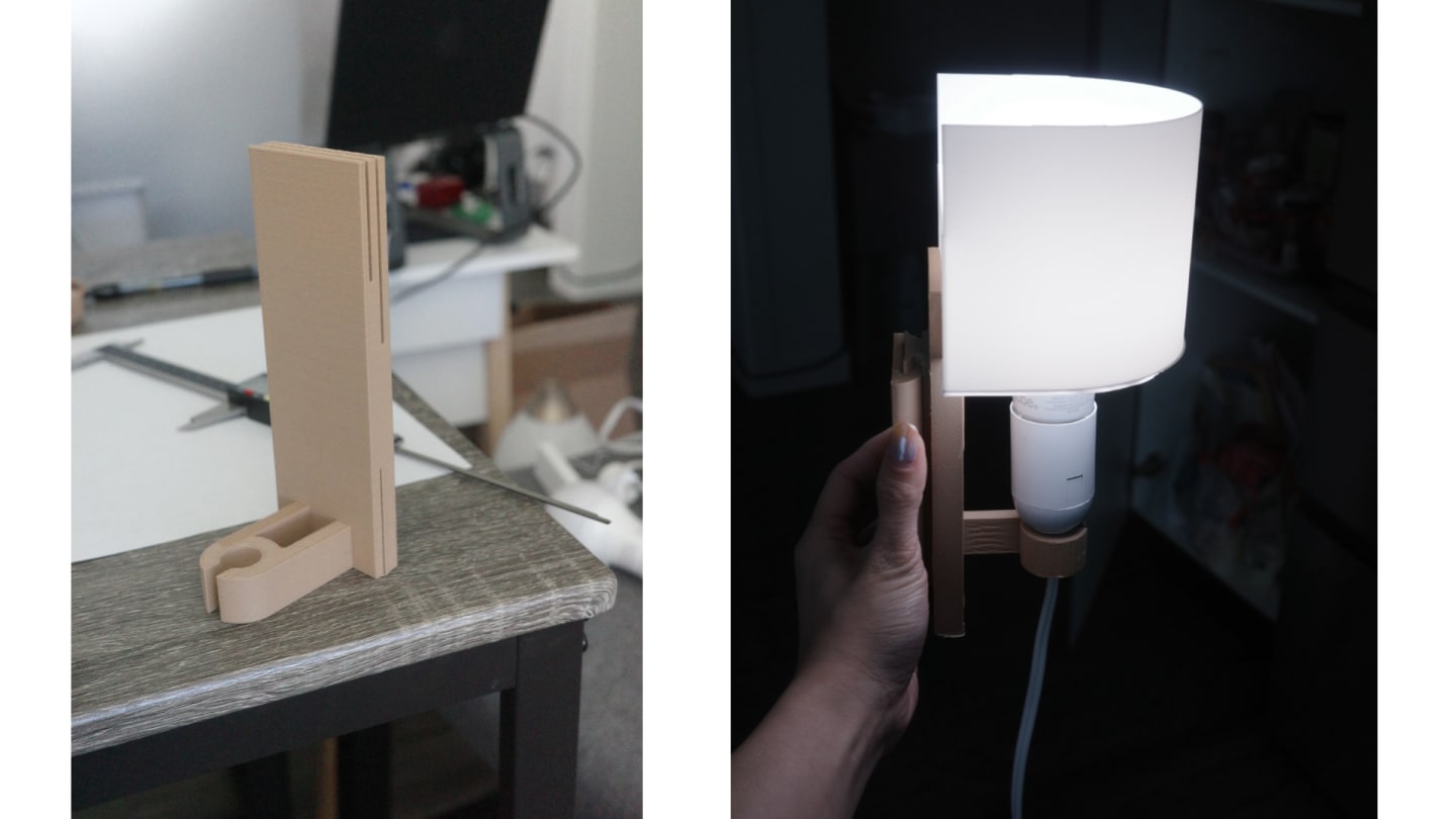 The figure has two images side by side. On the left side is the wall mount printed using wood pla, shown from the side view. The photo on the right is a sample of the wall mount printed with wood pla, with the bulb and lampshade mounted.