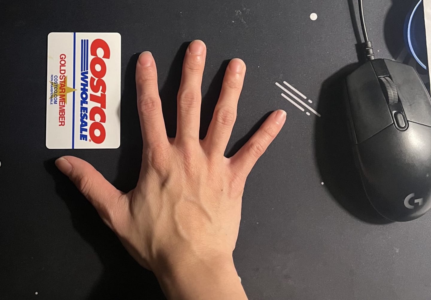 Photo of celina's hand next to a costco card, demonstrating small hand size