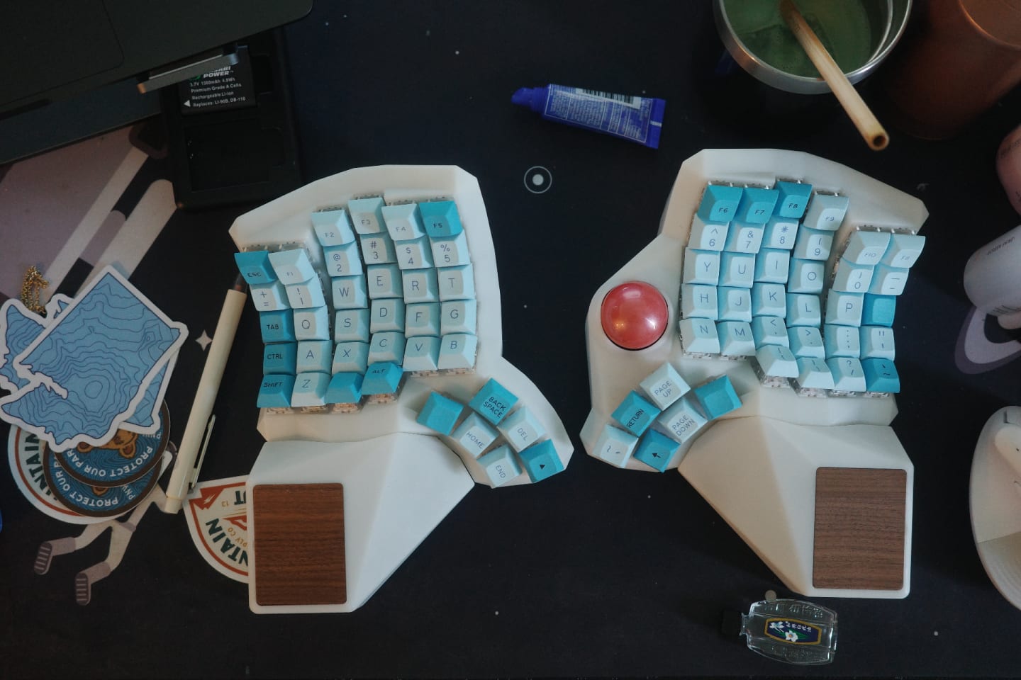 Photo of celinas home split keyboard from the top.