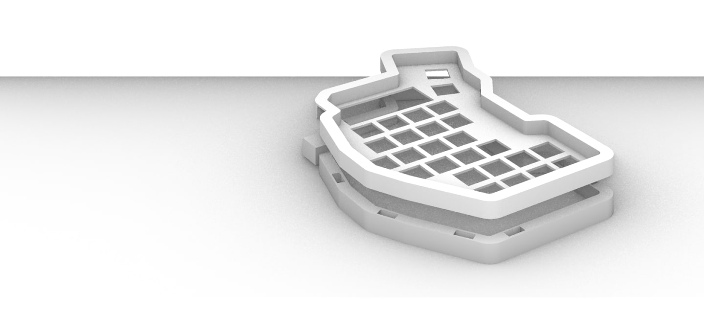 Isometric 3d cad render of the case of the keyboard